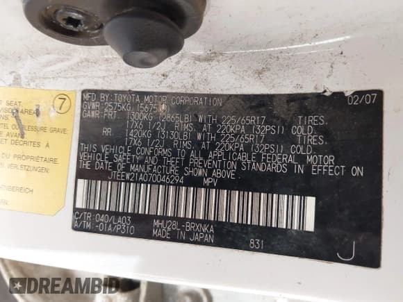 ✅ 2007 Toyota Highlander w/3rd Row • VIN: JTEEW21A070046294 • Lot: 42403612. Wystawiony na IAAI z przebiegiem 263 561 mil. Bezpłatny archiwum sprzedaży aukcyjnych z USA i szczegółowy raport historii pojazdu na DreamBid. Zdjęcie 9.