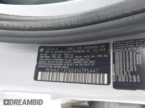 ✅ 2004 BMW 3 Series 325i • VIN: WBAET37494NJ95447 • Lot: 42350519. Listed on IAAI with 220,829 mi. Free auction sales archive from the USA and detailed vehicle history report at DreamBid. Image 9.