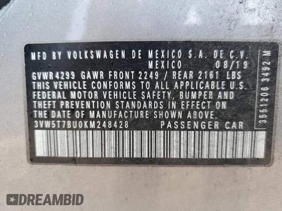 ✅ 2019 Volkswagen Jetta S • VIN: 3VW5T7BU0KM248428 • Lot: 80804135. Listed on Copart with 81,250 mi. Free auction sales archive from the USA and detailed vehicle history report at DreamBid. Image 12.