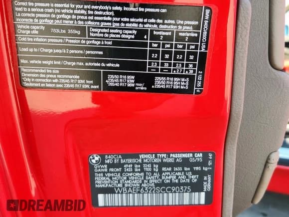 ✅ 1995 BMW 8 Series • VIN: WBAEF6322SCC90375 • Lot: 80213145. Wystawiony na Copart z przebiegiem Nie podano. Bezpłatny archiwum sprzedaży aukcyjnych z USA i szczegółowy raport historii pojazdu na DreamBid. Zdjęcie 12.