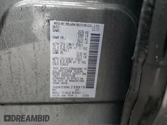 ✅ 2024 Nissan Pathfinder SL • VIN: 5N1DR3CD9RC239979 • Lot: 82346255. Listed on Copart with Not provided. Free auction sales archive from the USA and detailed vehicle history report at DreamBid. Image 13.