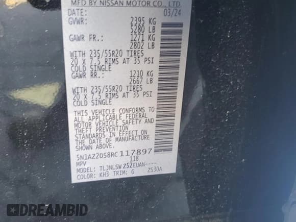 ✅ 2024 Nissan Murano Platinum • VIN: 5N1AZ2DS8RC117897 • Lot: 52198185. Listed on Copart with 2,449 mi. Free auction sales archive from the USA and detailed vehicle history report at DreamBid. Image 14.