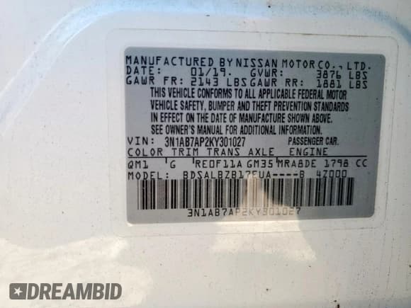 ✅ 2019 Nissan Sentra S • VIN: 3N1AB7AP2KY301027 • Lot: 91281705. Wystawiony na Copart z przebiegiem 66 400 mil. Bezpłatny archiwum sprzedaży aukcyjnych z USA i szczegółowy raport historii pojazdu na DreamBid. Zdjęcie 13.