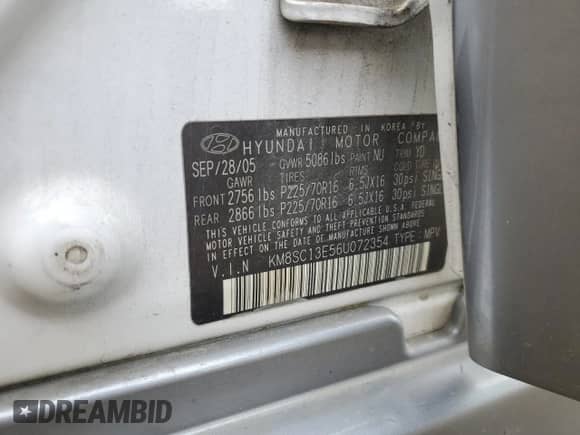 2006 Hyundai Santa Fe GLS z VIN KM8SC13E56U072354, wystawiony jako Copart lot #78320714 z przebiegiem 144 707 mil mil oraz Czysty tytuł • Clean title. Historia ofert i sprzedaży dostępna na DreamBid. Obrazek 13.