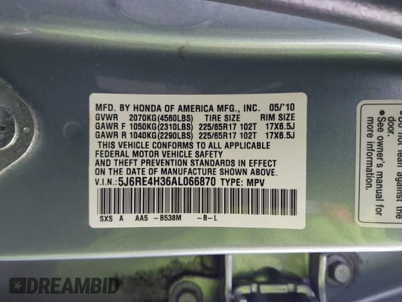 ✅ 2010 Honda CR-V LX • VIN: 5J6RE4H36AL066870 • Lot: 43668978. Listed on IAAI with 167,098 mi. Free auction sales archive from the USA and detailed vehicle history report at DreamBid. Image 9.