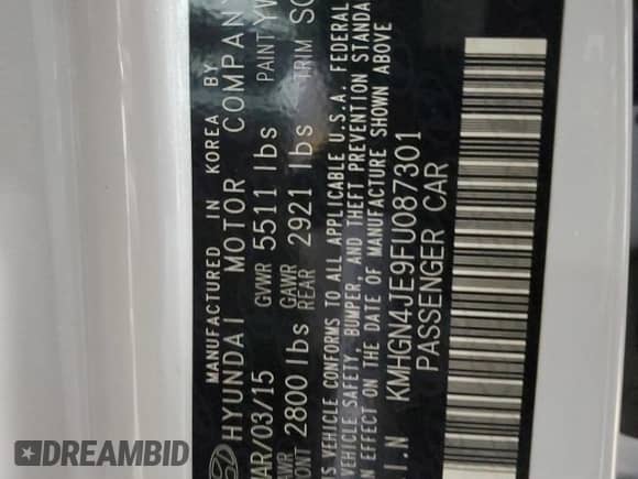 2015 Hyundai Genesis 3.8L z VIN KMHGN4JE9FU087301, wystawiony jako Copart lot #82121444 z przebiegiem 86 377 mil mil oraz Nie do naprawy • Non repairable. Historia ofert i sprzedaży dostępna na DreamBid. Obrazek 12.