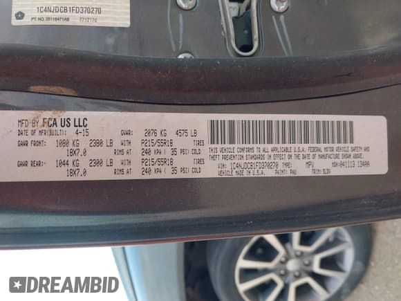 ✅ 2015 Jeep Compass Limited • VIN: 1C4NJDCB1FD370270 • Lot: 42642989. Listed on IAAI with 86,186 mi. Free auction sales archive from the USA and detailed vehicle history report at DreamBid. Image 9.