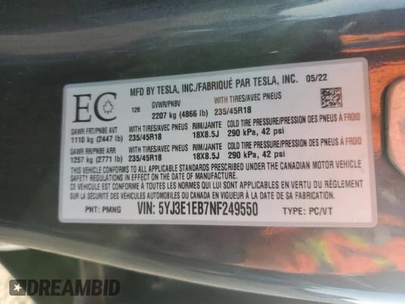 ✅ 2022 Tesla Model 3 Long Range • VIN: 5YJ3E1EB7NF249550 • Lot: 71538045. Wystawiony na Copart z przebiegiem Nie podano. Bezpłatny archiwum sprzedaży aukcyjnych z USA i szczegółowy raport historii pojazdu na DreamBid. Zdjęcie 12.