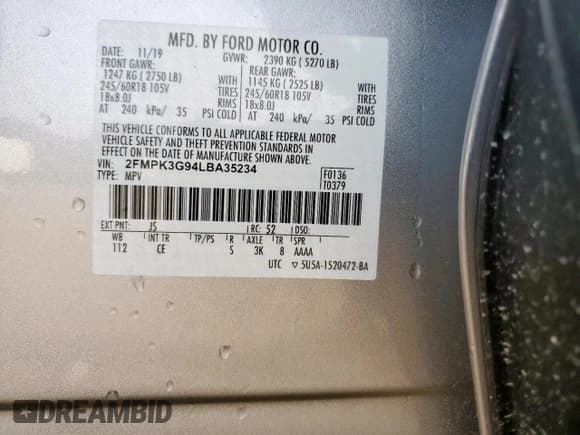 ✅ 2020 Ford Edge SE • VIN: 2FMPK3G94LBA35234 • Лот: 61189905. Опубликован ранее на Copart с пробегом 33 013 миль. Бесплатный доступ к архиву аукционных продаж из США и подробный отчёт об истории автомобиля на DreamBid. Изображение 13.