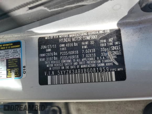 ✅ 2011 Hyundai Santa Fe Limited • VIN: 5XYZK3ABXBG081959 • Lot: 76867244. Listed on Copart with 141,866 mi. Free auction sales archive from the USA and detailed vehicle history report at DreamBid. Image 12.