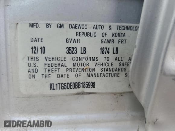 ✅ 2011 Chevrolet Aveo 2LT • VIN: KL1TG5DE0BB185998 • Lot: 69419664. Listed on Copart with 163,949 mi. Free auction sales archive from the USA and detailed vehicle history report at DreamBid. Image 12.