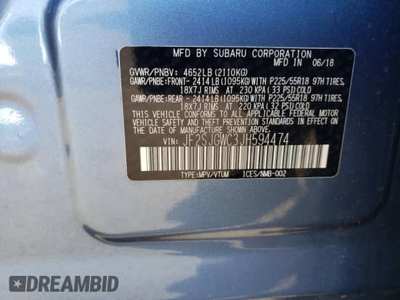 2018 Subaru Forester Touring с VIN JF2SJGWC3JH594474, выставлен на аукционе Copart как лот 82251465 с пробегом 57 066 миль миль и Списание • Salvage title. История ставок и продаж доступна на DreamBid. Изображение 13.