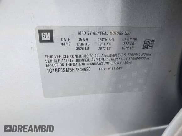 2017 Chevrolet Cruze LT with VIN 1G1BE5SM5H7244990, listed as a IAAI auction lot 43425552 with 184,430 mi miles and . Bid and sale history available at DreamBid. Image 9.