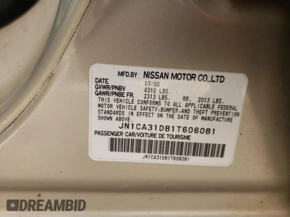 ✅ 2001 Nissan Maxima SE • VIN: JN1CA31D81T606081 • Lot: 82989204. Wystawiony na Copart z przebiegiem 181 732 mil. Bezpłatny archiwum sprzedaży aukcyjnych z USA i szczegółowy raport historii pojazdu na DreamBid. Zdjęcie 12.