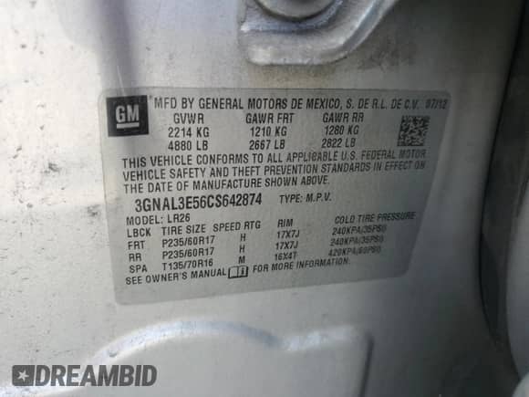 2012 Chevrolet Captiva Sport LT с VIN 3GNAL3E56CS642874, выставлен на аукционе Copart как лот 70804154 с пробегом Не указан миль и Списание • Salvage title. История ставок и продаж доступна на DreamBid. Изображение 14.