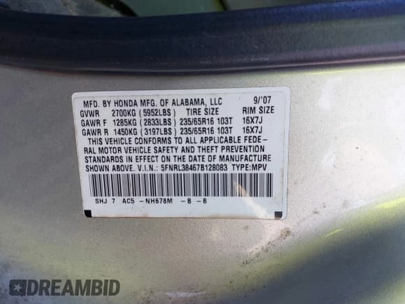 ✅ 2007 Honda Odyssey EX • VIN: 5FNRL38467B128083 • Lot: 43781737. Listed on IAAI with 206,643 mi. Free auction sales archive from the USA and detailed vehicle history report at DreamBid. Image 9.