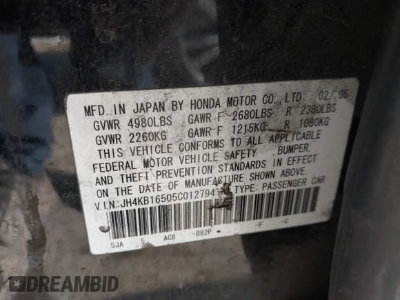 ✅ 2005 Acura RL • VIN: JH4KB16505C012794 • Lot: 43833012. Listed on IAAI with 222,108 mi. Free auction sales archive from the USA and detailed vehicle history report at DreamBid. Image 9.