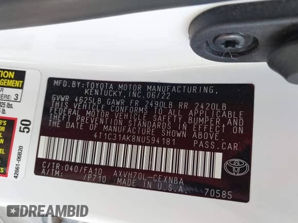 2022 Toyota Camry Hybrid LE с VIN 4T1C31AK8NU594181, выставлен на аукционе IAAI как лот 42666278 с пробегом 35 921 миль миль и . История ставок и продаж доступна на DreamBid. Изображение 9.