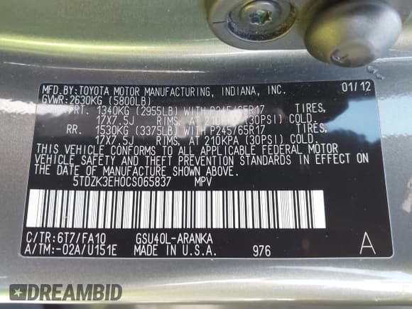 ✅ 2012 Toyota Highlander • VIN: 5TDZK3EH0CS065837 • Лот: 43347093. Опубликован ранее на IAAI с пробегом 126 409 миль. Бесплатный доступ к архиву аукционных продаж из США и подробный отчёт об истории автомобиля на DreamBid. Изображение 9.