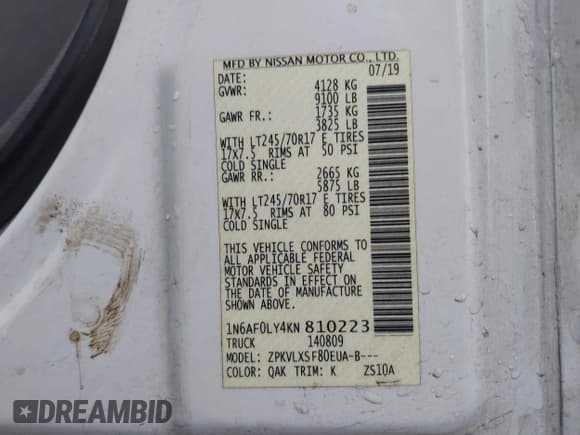 ✅ 2019 Nissan NV Cargo SV • VIN: 1N6AF0LY4KN810223 • Lot: 41506047. Listed on IAAI with 83,633 mi. Free auction sales archive from the USA and detailed vehicle history report at DreamBid. Image 9.