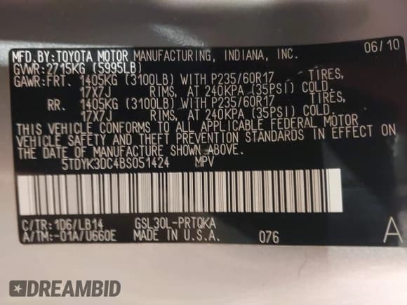 ✅ 2011 Toyota Sienna XLE • VIN: 5TDYK3DC4BS051424 • Lot: 43209542. Listed on IAAI with 188,831 mi. Free auction sales archive from the USA and detailed vehicle history report at DreamBid. Image 9.