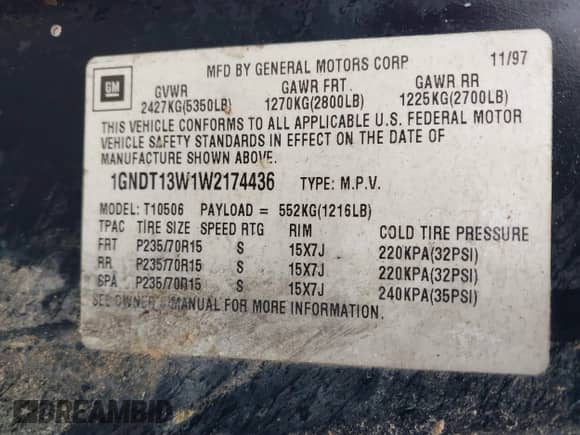 1998 Chevrolet Blazer LT with VIN 1GNDT13W1W2174436, listed as a IAAI auction lot 41212378 with Not provided miles and . Bid and sale history available at DreamBid. Image 9.