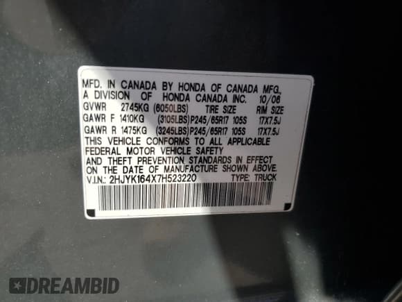 ✅ 2007 Honda Ridgeline RTS • VIN: 2HJYK164X7H523220 • Lot: 69169414. Listed on Copart with 336,007 mi. Free auction sales archive from the USA and detailed vehicle history report at DreamBid. Image 13.