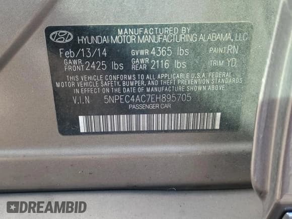 ✅ 2014 Hyundai Sonata Limited • VIN: 5NPEC4AC7EH895705 • Lot: 85545185. Listed on Copart with 82,427 mi. Free auction sales archive from the USA and detailed vehicle history report at DreamBid. Image 13.