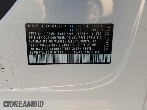 ✅ 2013 Volkswagen Jetta SE • VIN: 3VWDP7AJ9DM307552 • Lot: 88119445. Listed on Copart with 94,174 mi. Free auction sales archive from the USA and detailed vehicle history report at DreamBid. Image 12.