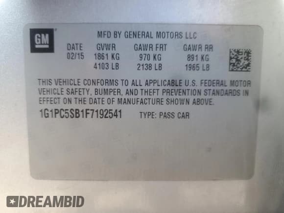 ✅ 2015 Chevrolet Cruze LT • VIN: 1G1PC5SB1F7192541 • Lot: 82755765. Listed on Copart with 127,967 mi. Free auction sales archive from the USA and detailed vehicle history report at DreamBid. Image 12.