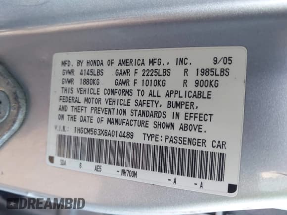 ✅ 2006 Honda Accord LX SE • VIN: 1HGCM563X6A014489 • Lot: 43814763. Listed on IAAI with Not provided. Free auction sales archive from the USA and detailed vehicle history report at DreamBid. Image 9.