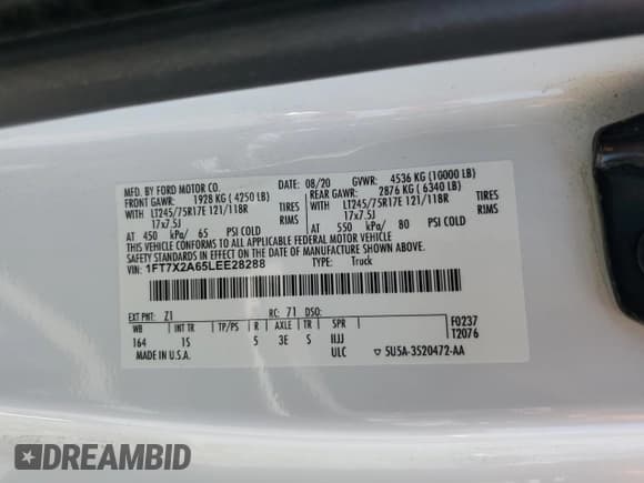 ✅ 2020 Ford F-250 XL • VIN: 1FT7X2A65LEE28288 • Lot: 62744735. Wystawiony na Copart z przebiegiem 63 391 mil. Bezpłatny archiwum sprzedaży aukcyjnych z USA i szczegółowy raport historii pojazdu na DreamBid. Zdjęcie 12.