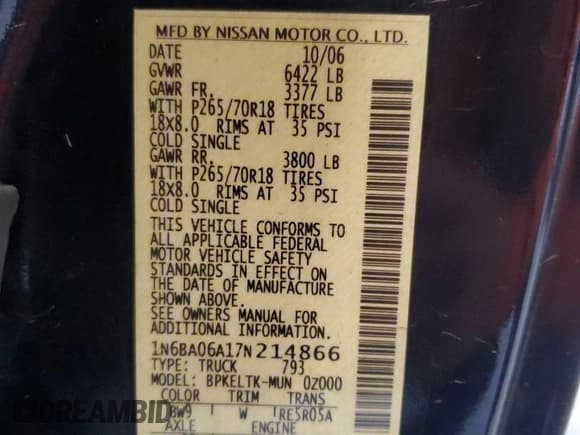 ✅ 2007 Nissan Titan SE • VIN: 1N6BA06A17N214866 • Lot: 92467135. Listed on Copart with Not provided. Free auction sales archive from the USA and detailed vehicle history report at DreamBid. Image 12.