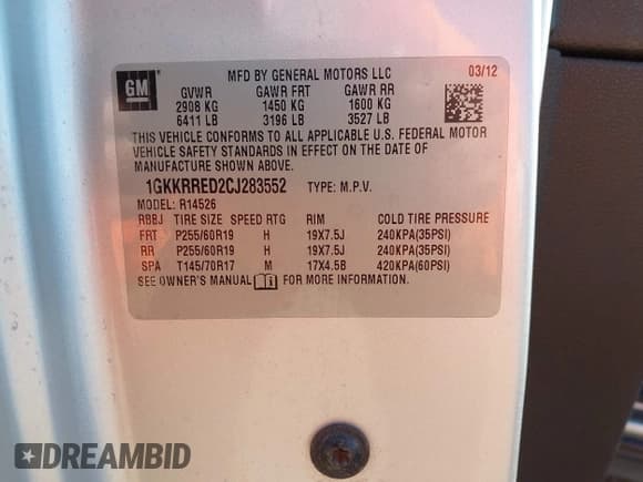 ✅ 2012 GMC Acadia SLT1 • VIN: 1GKKRRED2CJ283552 • Lot: 43281050. Wystawiony na IAAI z przebiegiem 104 558 mil. Bezpłatny archiwum sprzedaży aukcyjnych z USA i szczegółowy raport historii pojazdu na DreamBid. Zdjęcie 9.