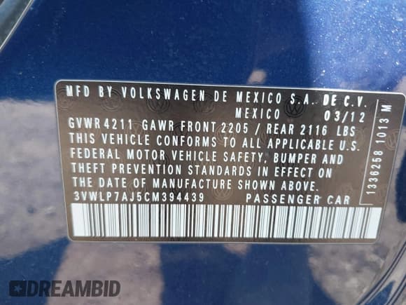 ✅ 2012 Volkswagen Jetta SEL • VIN: 3VWLP7AJ5CM394439 • Lot: 42069686. Listed on IAAI with 107,567 mi. Free auction sales archive from the USA and detailed vehicle history report at DreamBid. Image 9.