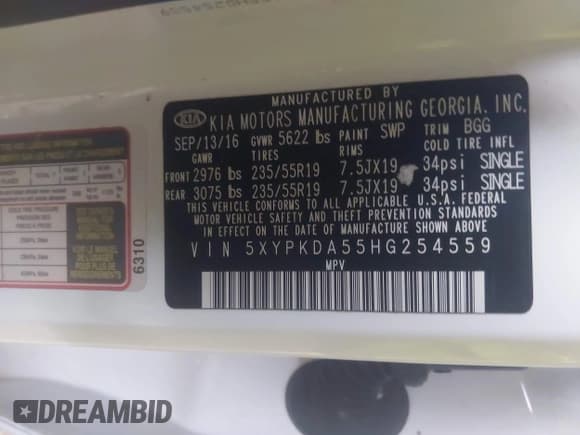 ✅ 2017 Kia Sorento SX • VIN: 5XYPKDA55HG254559 • Lot: 43866934. Listed on IAAI with 128,102 mi. Free auction sales archive from the USA and detailed vehicle history report at DreamBid. Image 9.