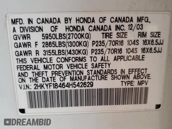 ✅ 2004 Honda Pilot EX • VIN: 2HKYF18464H542629 • Lot: 82332695. Listed on Copart with 226,377 mi. Free auction sales archive from the USA and detailed vehicle history report at DreamBid. Image 13.