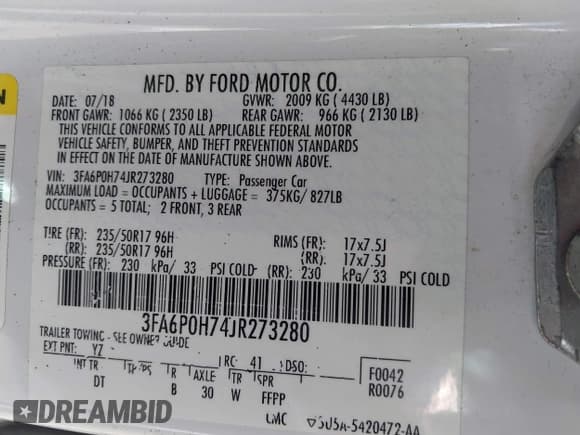 ✅ 2018 Ford Fusion SE • VIN: 3FA6P0H74JR273280 • Лот: 43291660. Опубликован ранее на IAAI с пробегом 53 809 миль. Бесплатный доступ к архиву аукционных продаж из США и подробный отчёт об истории автомобиля на DreamBid. Изображение 9.