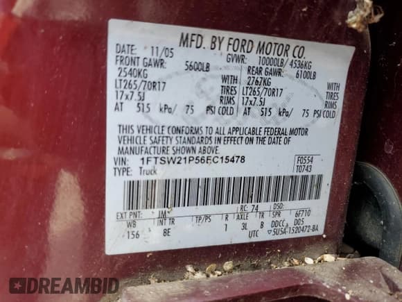 ✅ 2006 Ford F-250 XL • VIN: 1FTSW21P56EC15478 • Лот: 61055425. Опубликован ранее на Copart с пробегом 121 704 миль. Бесплатный доступ к архиву аукционных продаж из США и подробный отчёт об истории автомобиля на DreamBid. Изображение 12.