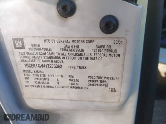 2001 Chevrolet Silverado 1500 с VIN 1GCEK14W41Z273363, выставлен на аукционе IAAI как лот 41625160 с пробегом 137 866 миль миль и . История ставок и продаж доступна на DreamBid. Изображение 9.