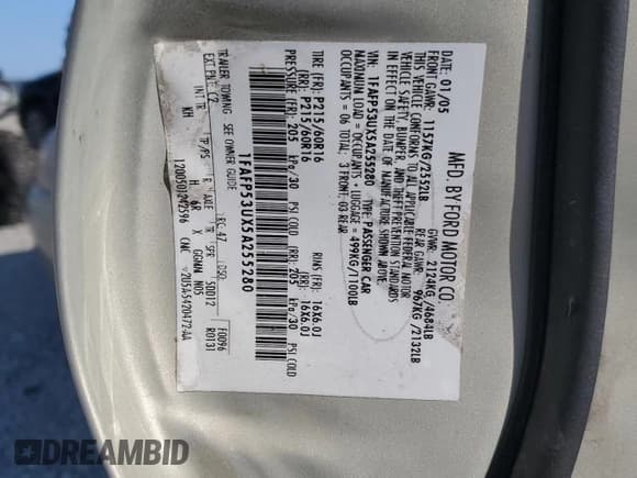 ✅ 2005 Ford Taurus SE • VIN: 1FAFP53UX5A255280 • Лот: 57103805. Опубликован ранее на Copart с пробегом 146 084 миль. Бесплатный доступ к архиву аукционных продаж из США и подробный отчёт об истории автомобиля на DreamBid. Изображение 12.