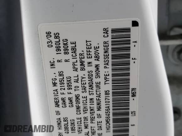 2006 Honda Accord LX с VIN 1HGCM56456A107185, выставлен на аукционе Copart как лот 82542485 с пробегом 102 502 миль миль и Списание • Salvage title. История ставок и продаж доступна на DreamBid. Изображение 12.