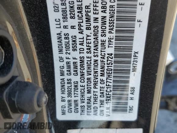 ✅ 2017 Honda Civic EX-L • VIN: 19XFC1F77HE015724 • Lot: 69588345. Listed on Copart with 37,786 mi. Free auction sales archive from the USA and detailed vehicle history report at DreamBid. Image 13.