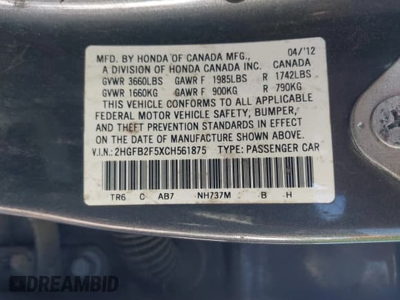 ✅ 2012 Honda Civic LX • VIN: 2HGFB2F5XCH561875 • Lot: 43664131. Wystawiony na IAAI z przebiegiem Nie podano. Bezpłatny archiwum sprzedaży aukcyjnych z USA i szczegółowy raport historii pojazdu na DreamBid. Zdjęcie 9.