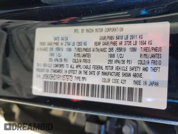 ✅ 2024 Mazda CX-90 Preferred • VIN: JM3KKBHD1R1167973 • Lot: 91639975. Listed on Copart with 8,206 mi. Free auction sales archive from the USA and detailed vehicle history report at DreamBid. Image 13.