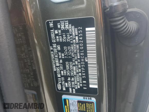 ✅ 2020 Kia Telluride SX • VIN: 5XYP5DHC8LG024552 • Lot: 87025055. Listed on Copart with 170,494 mi. Free auction sales archive from the USA and detailed vehicle history report at DreamBid. Image 13.