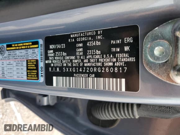 ✅ 2024 Kia K5 LXS • VIN: 5XXG14J20RG260817 • Lot: 65611065. Listed on Copart with 12,413 mi. Free auction sales archive from the USA and detailed vehicle history report at DreamBid. Image 12.