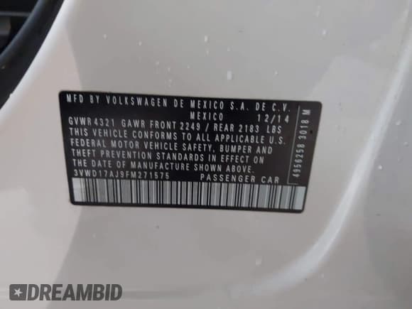 ✅ 2015 Volkswagen Jetta SE • VIN: 3VWD17AJ9FM271575 • Lot: 42198458. Listed on IAAI with 122,161 mi. Free auction sales archive from the USA and detailed vehicle history report at DreamBid. Image 9.