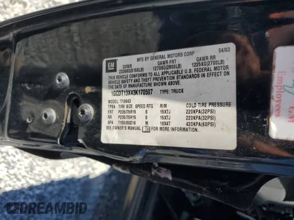 2003 Chevrolet S-10 LS with VIN 1GCDT13X43K170507, listed as a Copart auction lot 72759424 with 241,461 mi miles and Salvage title. Bid and sale history available at DreamBid. Image 13.