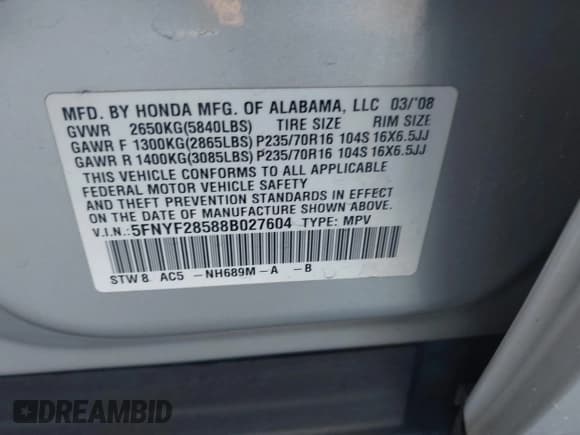 ✅ 2008 Honda Pilot EX-L • VIN: 5FNYF28588B027604 • Lot: 43003315. Listed on IAAI with 82,759 mi. Free auction sales archive from the USA and detailed vehicle history report at DreamBid. Image 9.